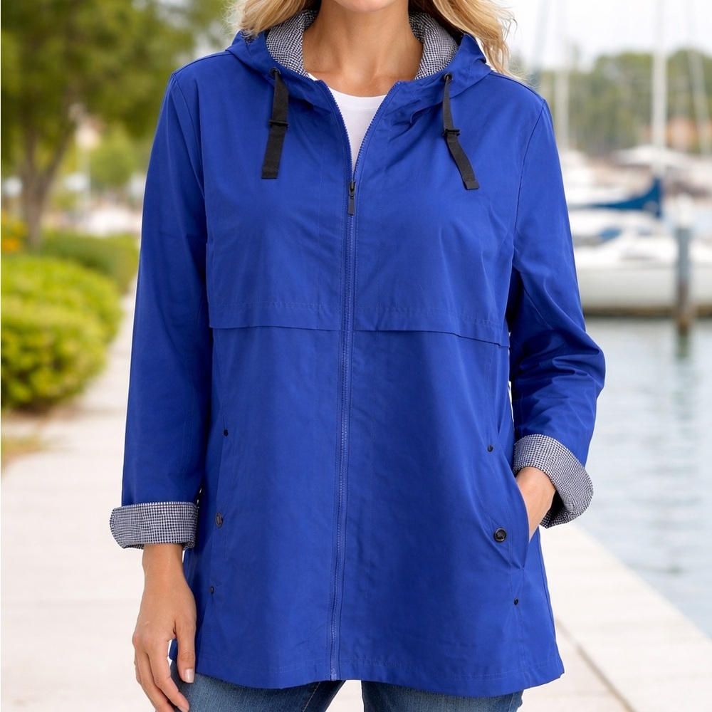 Gallery NY Woman’s Rain Jacket Size 2X Blue Zip Front Gingham Packable NWT $120